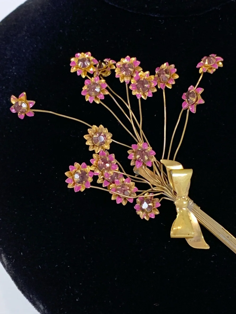 Vintage Gold Tone Flower Bouquet Brooch Pink Rhinestones